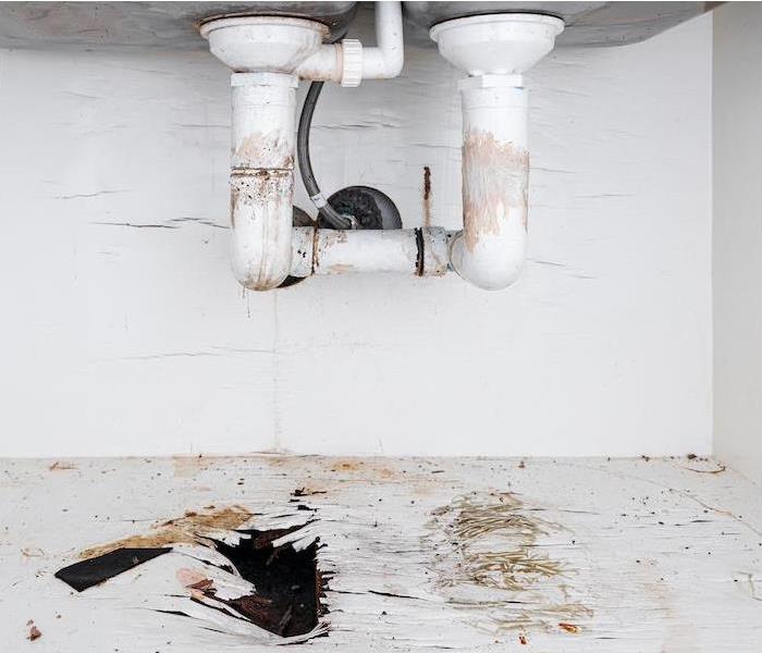 "the underside of a sink showing water damage from leaking pipes ”