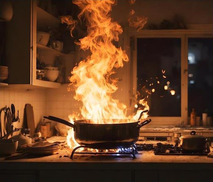 pan on kitchen counter in residence ablaze while unattended